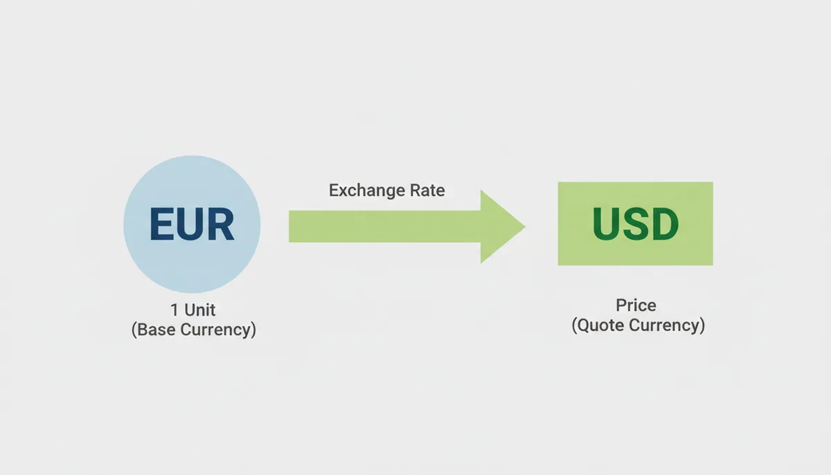 Diagram illustrating a currency pair. A circle labeled '1 Unit (Base Currency)' contains a Euro symbol. An arrow labeled 'Exchange Rate' points to a rectangle labeled 'Price (Quote Currency)' containing a US Dollar symbol.