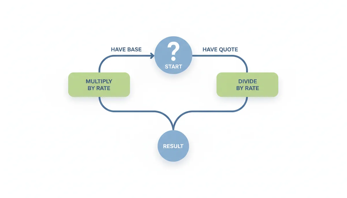 Decision tree flowchart for currency conversion. It starts with a question: 'Which currency do you have?' One path, 'Have Base Currency', leads to 'Multiply by Rate'. The other path, 'Have Quote Currency', leads to 'Divide by Rate'. Both paths converge to 'Result'.
