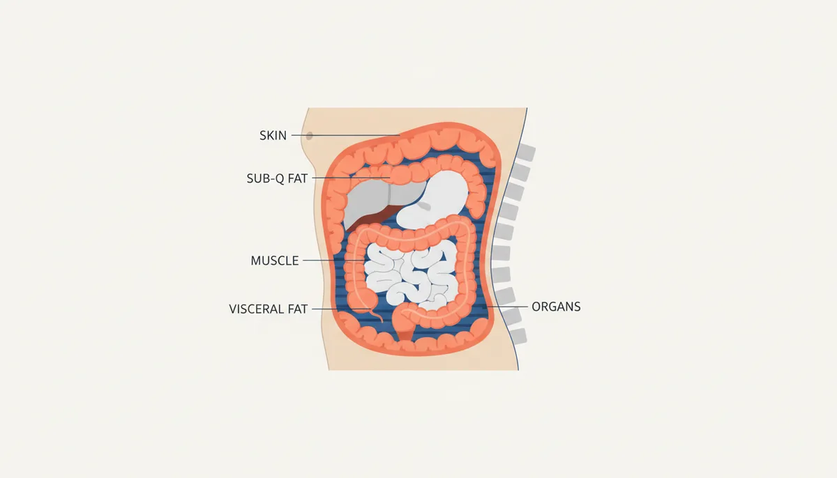 A cross-section diagram of a human torso showing layers. The outermost layer is skin, followed by a layer labeled 'subcutaneous fat'. Deeper inside, surrounding stylized internal organs, is a layer labeled 'visceral fat'.