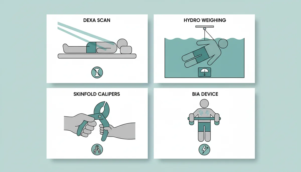 A four-panel visual comparison of body fat measurement methods. Panel 1 shows a person undergoing a DEXA scan. Panel 2 shows a person in a water tank for hydrostatic weighing. Panel 3 depicts skinfold calipers on an arm. Panel 4 illustrates a person using a BIA device.