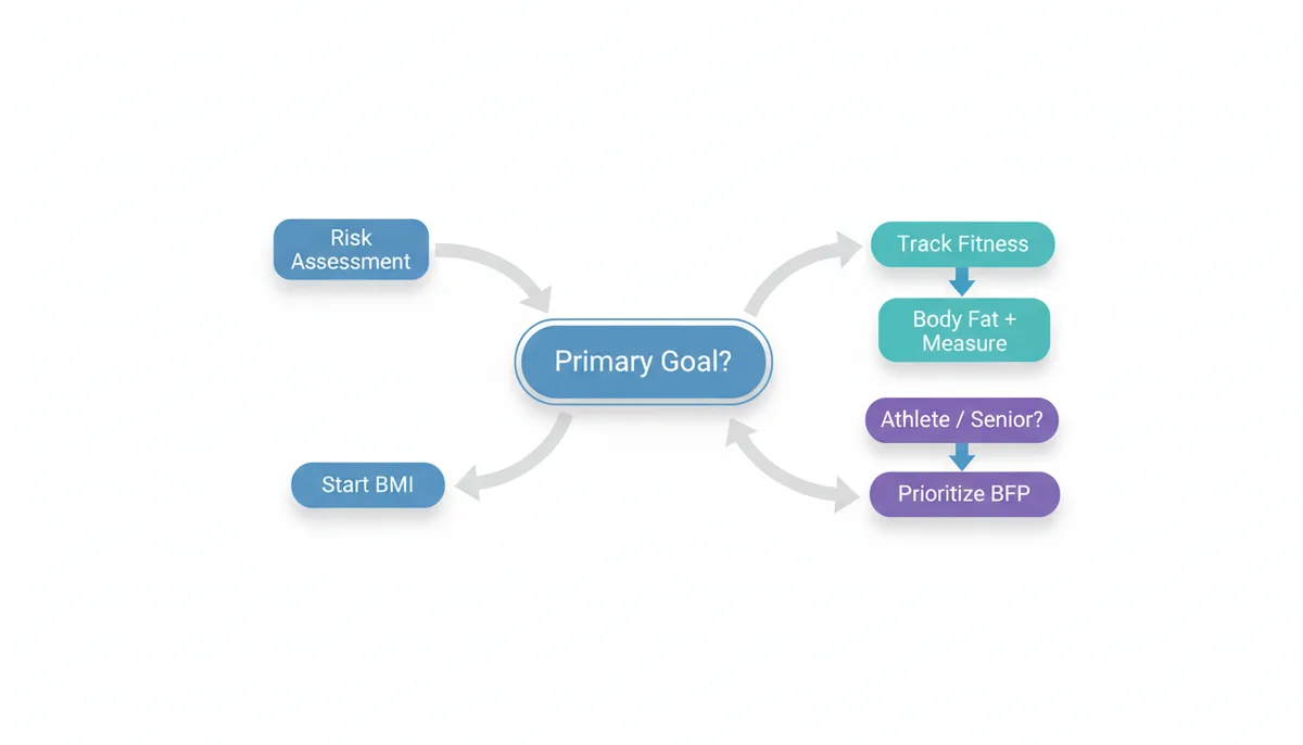A decision flowchart. The central question is 'What is your primary goal?'. One path leads to 'Quick health risk assessment' then 'Start with BMI'. Another path leads to 'Tracking fitness/body composition' then 'Focus on Body Fat % and measurements'. A third path leads to 'Am I an athlete or over 65?' then 'Prioritize BFP over BMI'.