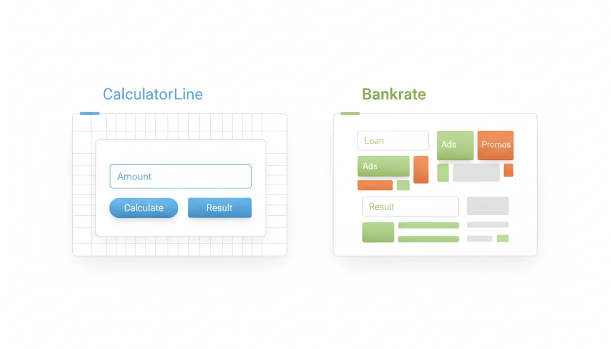 A side-by-side illustration of two abstract mortgage calculator interfaces. The left side, labeled 'CalculatorLine', is clean with a central input and immediate result. The right side, labeled 'Bankrate', shows a smaller input surrounded by ad-like blocks and a result lower down.