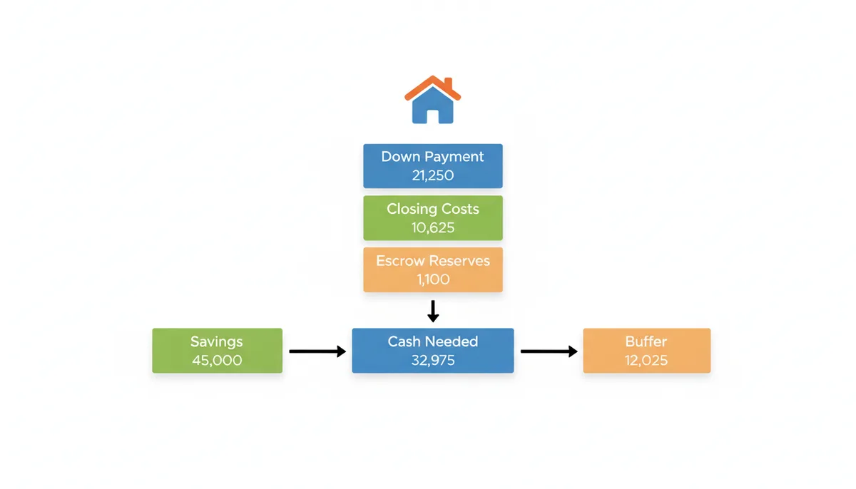 A flow chart illustrating cash needed for a home. Down Payment ($21,250), Closing Costs ($10,625), and Escrow Reserves ($1,100) stack up to a total Cash Needed ($32,975). Savings ($45,000) are shown covering this, with a remaining Buffer ($12,000).