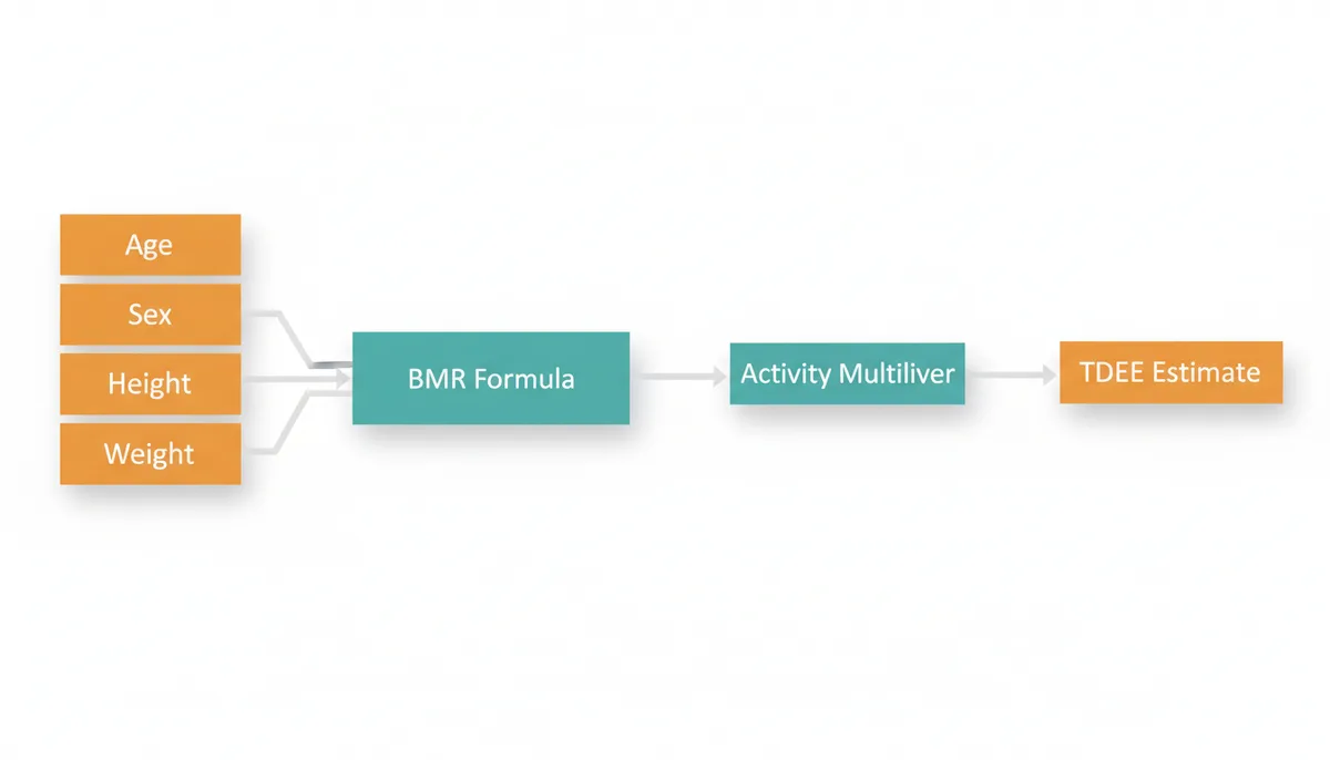 A flowchart showing inputs of age, sex, height, and weight flowing into a 'BMR Formula' box, then into an 'Activity Multiplier' box, and finally resulting in a 'TDEE Estimate' output box.