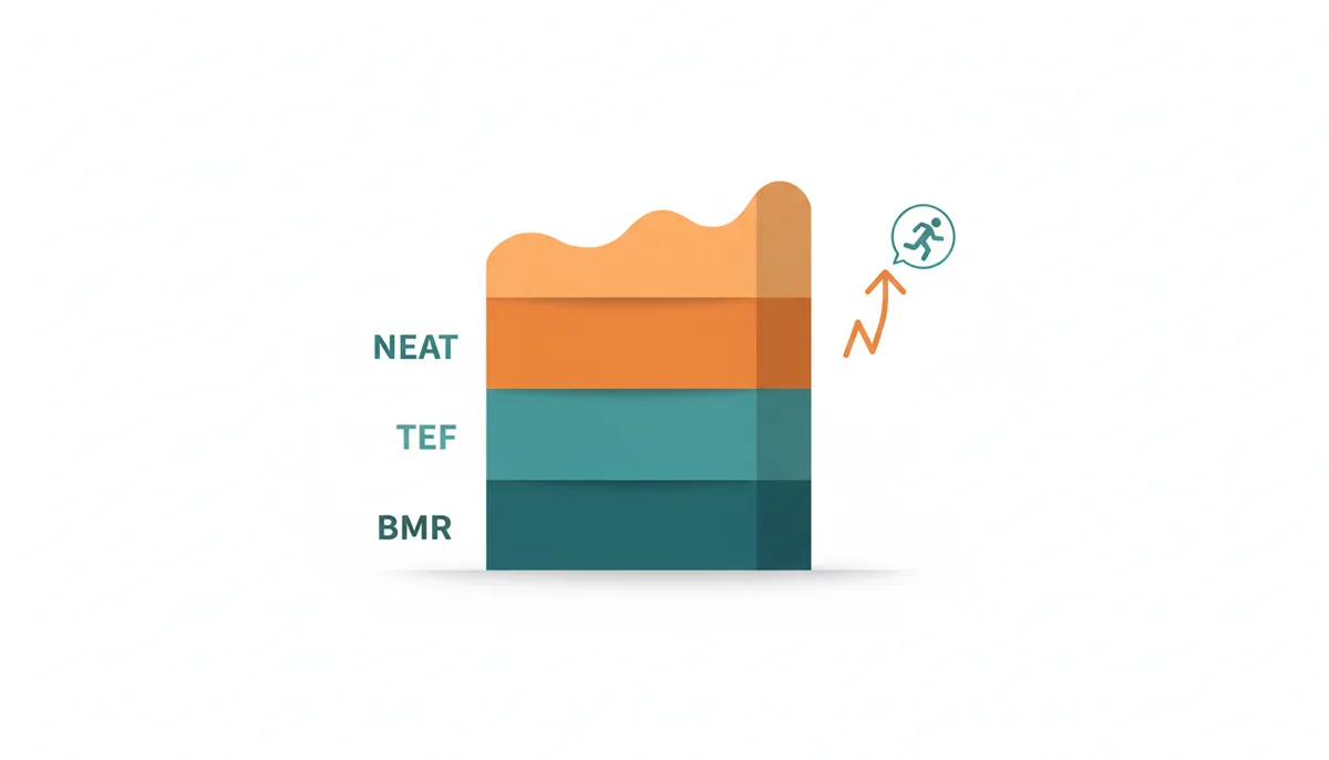 A stacked bar chart showing the components of TDEE: BMR at the bottom, then TEF, EAT, and NEAT at the top. The NEAT section is visually indicated as highly variable in size.