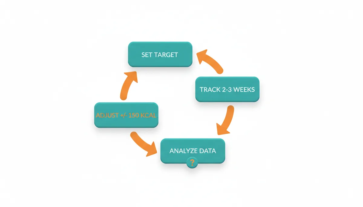 A circular feedback loop diagram showing four stages: 'Set Target', 'Track 2-3 Weeks', 'Analyze Data', and 'Adjust +/- 150 kcal', with arrows indicating a continuous cycle.