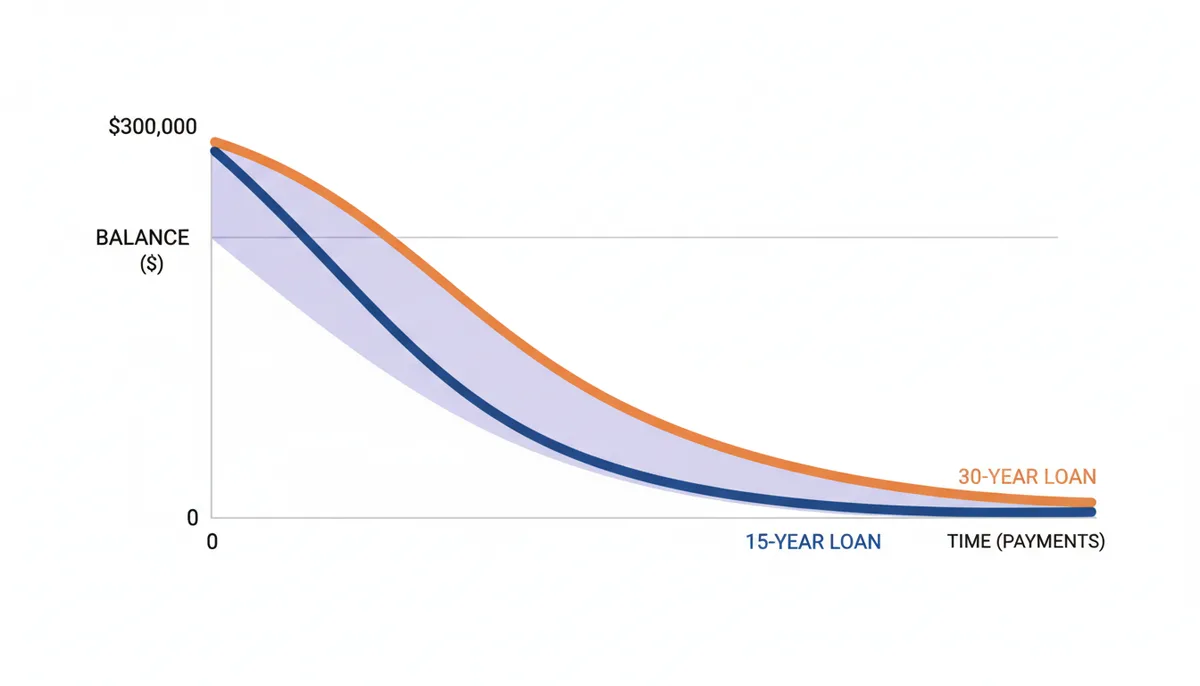 A graph showing two loan balance curves. The 15-year loan curve drops sharply, indicating a rapid decrease in principal. The 30-year loan curve drops slowly, showing a much slower reduction in principal over the same period, visually emphasizing the higher interest accumulation for the longer term.