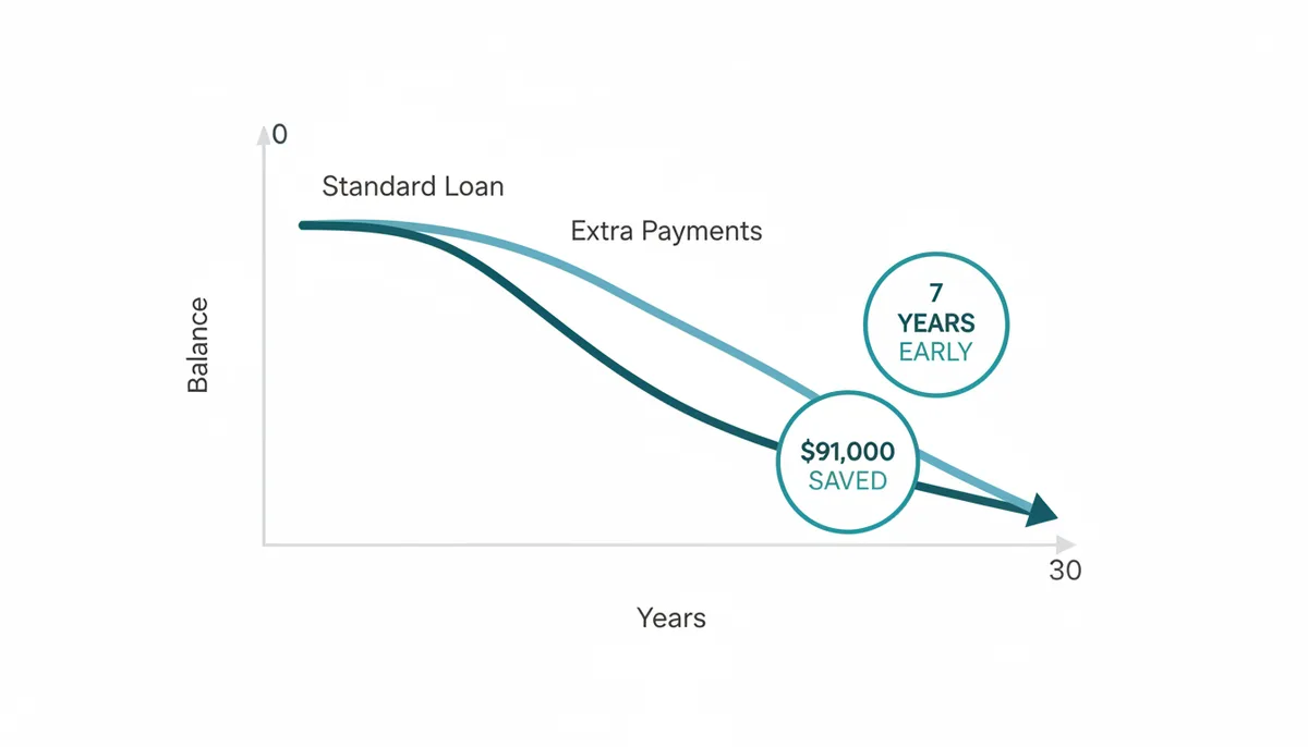 A graph comparing two amortization curves for a 30-year loan. One curve shows the standard repayment schedule, while the other shows a faster repayment due to extra principal payments. Callouts highlight that the accelerated repayment leads to the loan being 'paid off about 7 years early' and 'roughly $91,000 interest saved'.