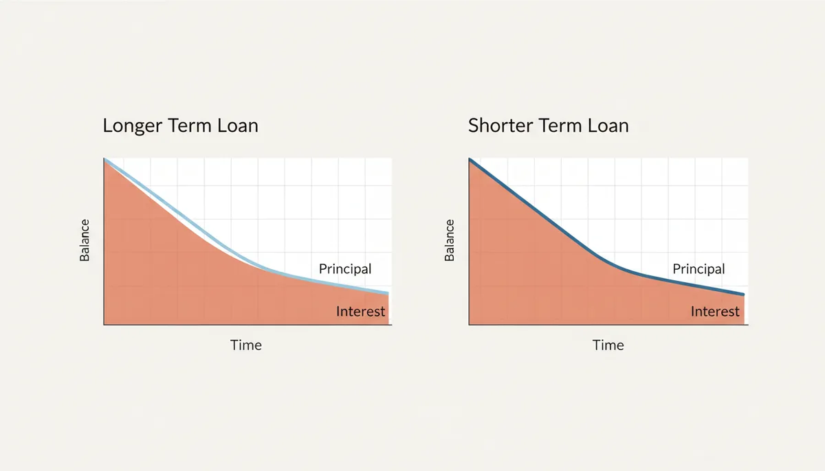 Two side-by-side graphs comparing loan amortization. The 'Longer Term Loan' graph shows principal decreasing slowly with a large shaded area for interest. The 'Shorter Term Loan' graph shows principal decreasing quickly with a much smaller shaded area for interest, demonstrating interest savings.