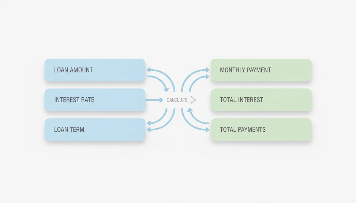 A simplified loan calculator interface showing input fields for Loan Amount, Interest Rate, and Loan Term, with arrows pointing to output fields for Monthly Payment, Total Interest Paid, and Total Payments.