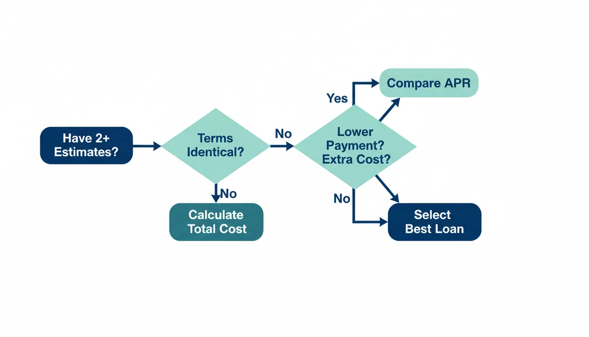 A flowchart detailing the loan comparison process, starting with 'Have 2+ Loan Estimates?', then branching based on whether terms are identical to either 'Compare APR' or 'Calculate Total Cost', and concluding with 'Select Best Loan'.