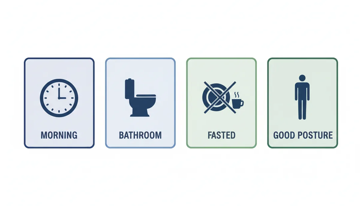 A checklist infographic with four icons: a clock for morning, a toilet for bathroom, a crossed-out plate and cup for fasted, and a person standing straight for good posture. These represent the pre-measurement checklist for accuracy.
