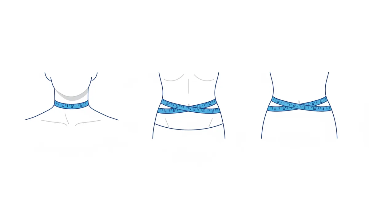 Three separate line drawings illustrating correct measuring tape placement: one on the neck just below the Adam's apple, one at the navel for the waist, and one at the widest point of the buttocks for the hips.