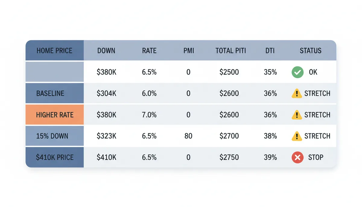 A visual comparison table showing four mortgage scenarios: Baseline, Higher Rate, 15% Down, and $410k Price. Each scenario lists Home Price, Down Payment, Rate, Loan Amount, PMI, Total PITI, DTI, and a status icon indicating comfortable, stretch, or stop. The table uses a clean, modern, flat illustration style with a limited color palette.