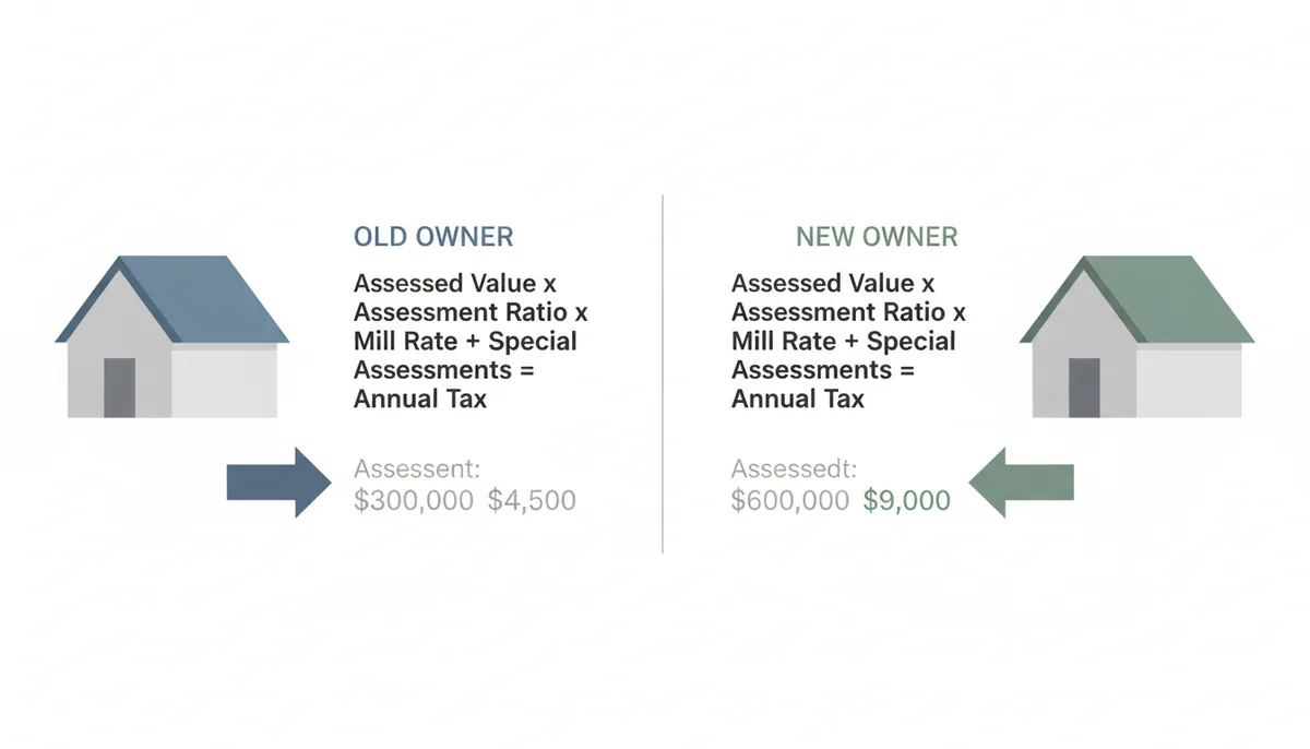 A two-part illustration comparing property tax calculations for an old owner and a new owner. The old owner's side shows a lower assessed value leading to a lower annual tax. The new owner's side shows a higher assessed value, reflecting a post-sale reassessment, resulting in a significantly higher annual tax. The formula 'Assessed Value x Assessment Ratio x Mill Rate + Special Assessments = Annual Tax' is displayed for both.