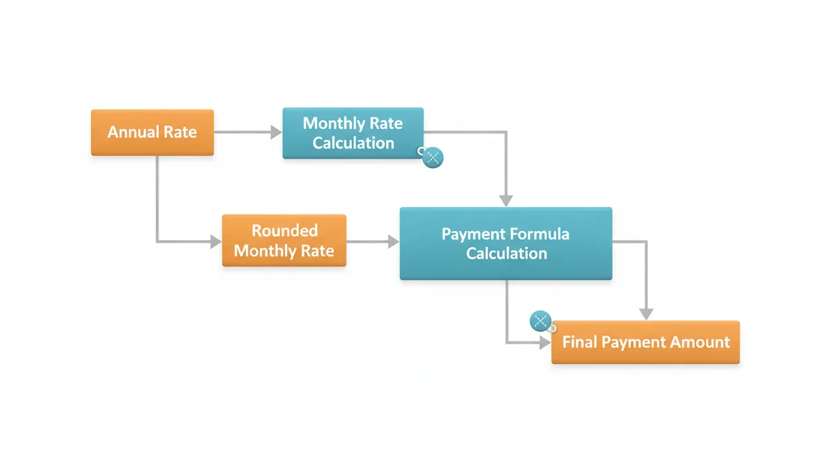 A flow diagram showing a mortgage calculation. An 'Annual Rate' leads to 'Monthly Rate Calculation' with a rounding icon, which then feeds into 'Payment Formula Calculation', leading to 'Final Payment Amount' also with a rounding icon.