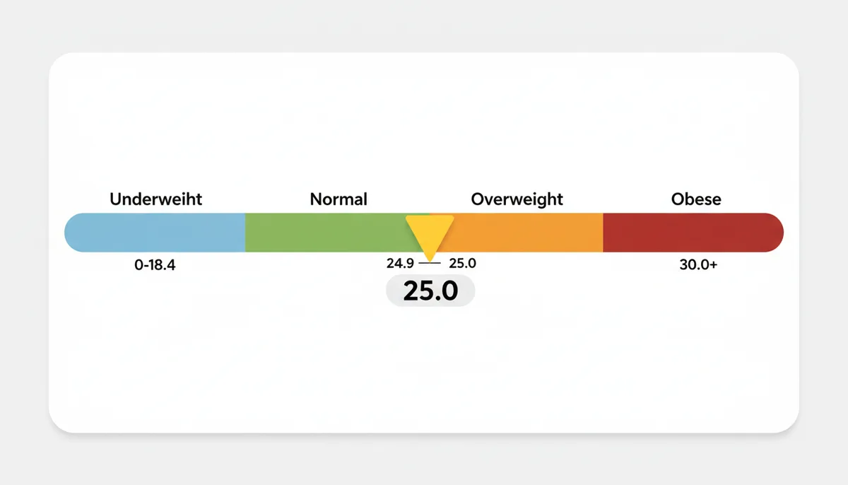 An illustration of a BMI scale with a marker at 24.96. The scale is divided into categories: Underweight, Normal, Overweight, and Obese. The marker is within the 'Normal' range. Below the scale, the rounded value 25.0 is shown, indicating the 'Overweight' category.