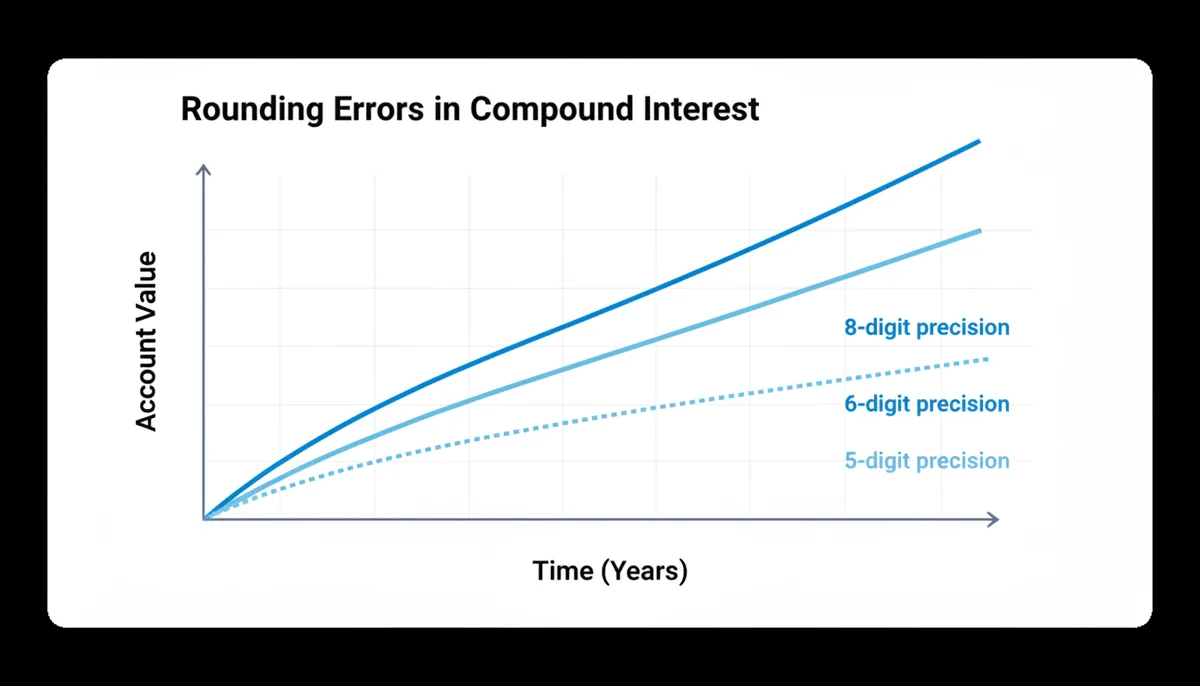 A line graph showing three diverging lines representing account value over time. The '8-digit precision' line ends highest, followed by '6-digit precision', and then '5-digit precision' lowest, illustrating how rounding errors compound and grow exponentially.