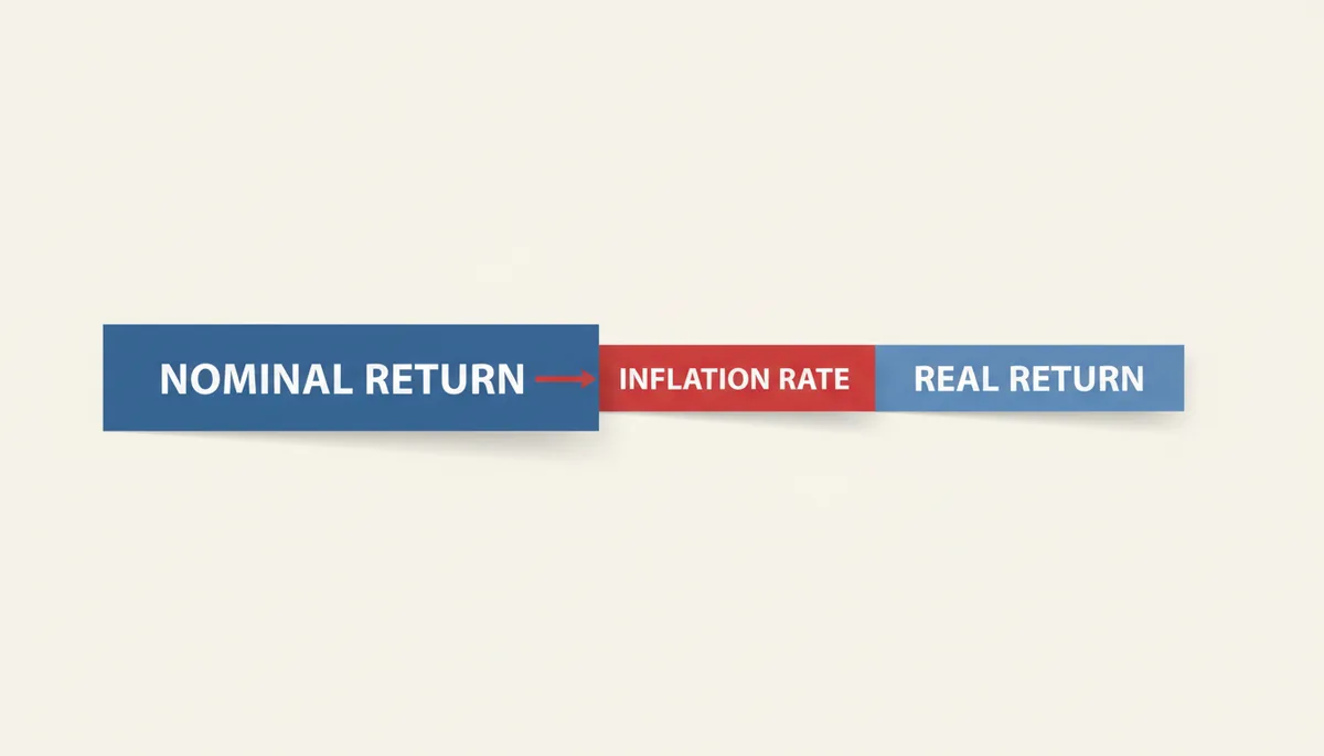 A visual equation showing a large blue bar labeled 'Nominal Return' with a smaller red bar labeled 'Inflation Rate' being subtracted from it, resulting in a smaller blue bar labeled 'Real Return'.