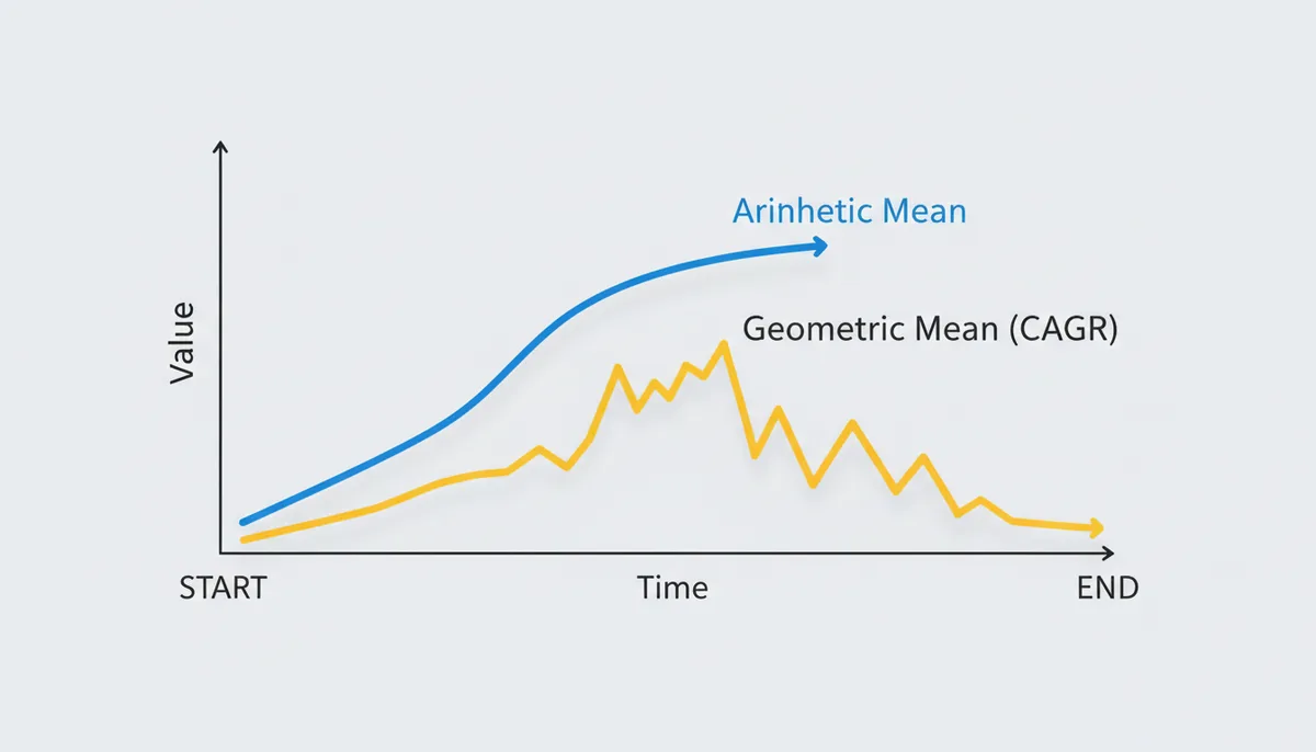 A line graph showing two lines starting at the same point. The 'Arithmetic Mean' line trends higher and smoother, while the 'Geometric Mean (CAGR)' line shows more fluctuations but ends at a lower cumulative value over the same period of time.