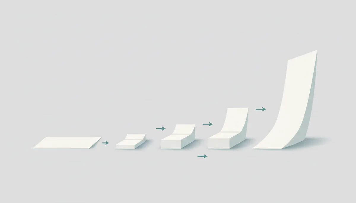 An illustration showing a sequence of paper folds. The first few folds show a gradual increase in thickness. The last few folds show a dramatic, exponential increase in thickness, visually representing the 'hockey stick' growth of compound interest.