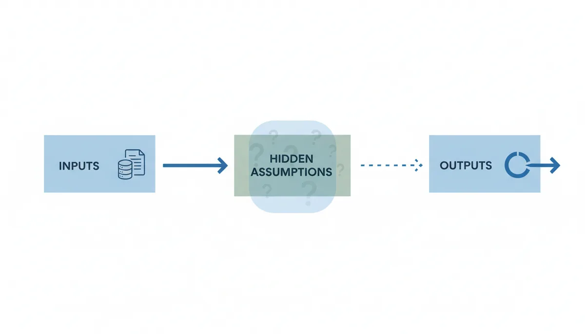 A flowchart showing three connected boxes: 'Inputs' leading to 'Hidden Assumptions' (partially obscured), which then leads to 'Outputs' (showing a partial result), illustrating how hidden factors influence results.