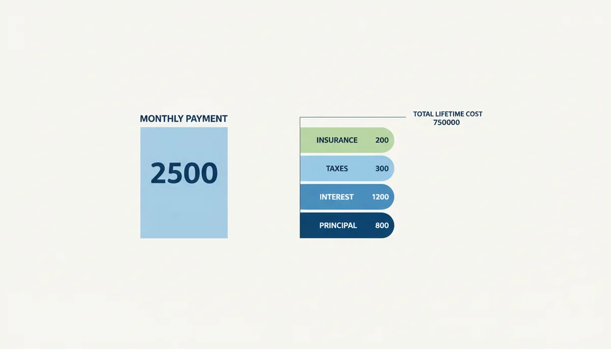 A visual comparison. On the left, a single bar labeled 'Monthly Payment'. On the right, a segmented bar showing the breakdown of that payment into 'Principal', 'Interest', 'Taxes', and 'Insurance', alongside a 'Total Lifetime Cost' indicator.