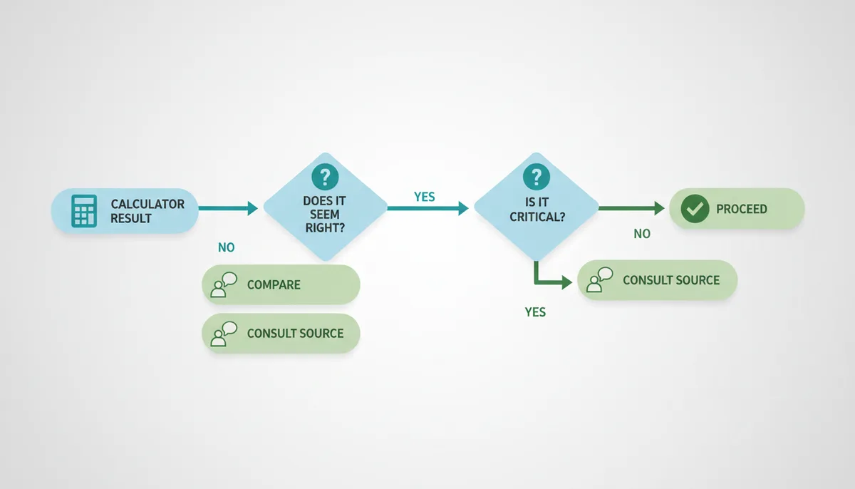 A flowchart illustrating the decision process for evaluating calculator results. It shows a path from 'Calculator Result' to 'Does it seem right?', then branches to 'Compare another calculator' or 'Consult a source' if not right, or 'Is it critical?' if right, further branching to 'Consult a source' or 'Proceed'. Icons are used for each step.