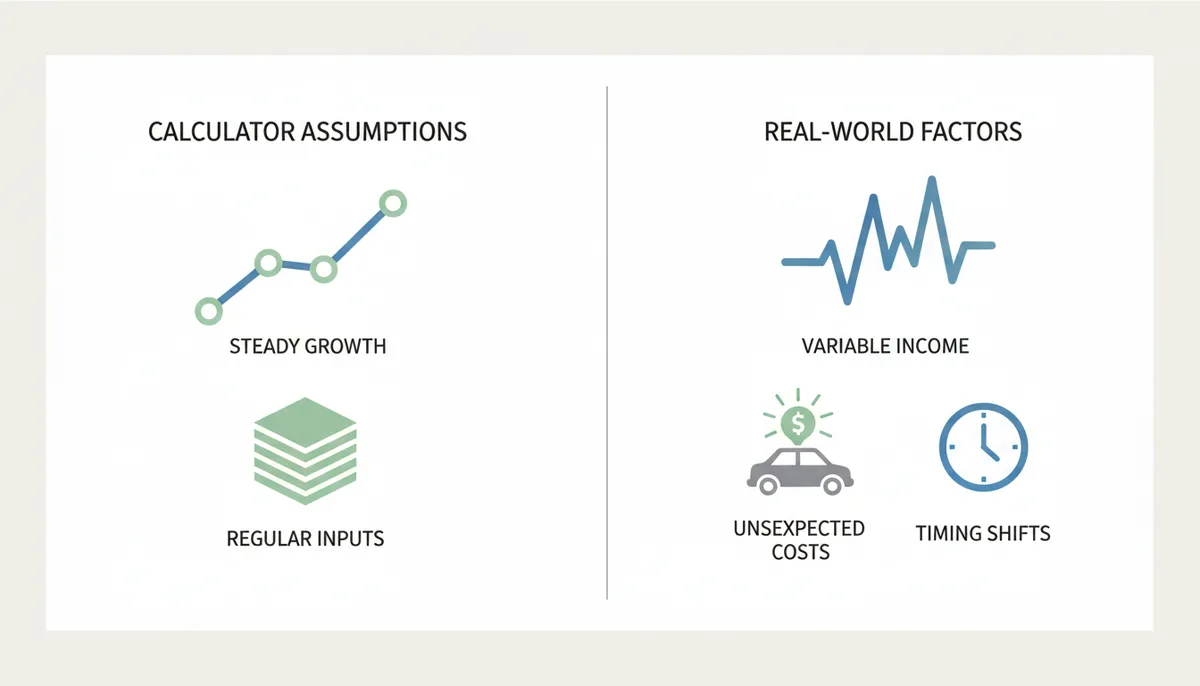 A comparison image. On the left, 'Calculator Assumptions' are shown as smooth, predictable patterns. On the right, 'Real-World Factors' are depicted with jagged lines for irregular income, a car for unexpected expenses, and a clock for timing discrepancies, highlighting the contrast.