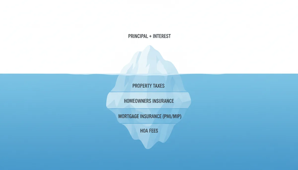 An iceberg diagram. The small tip above the water is labeled 'Principal + Interest'. The large submerged portion is divided into sections labeled 'Property Taxes', 'Homeowners Insurance', 'Mortgage Insurance (PMI/MIP)', and 'HOA Fees'.