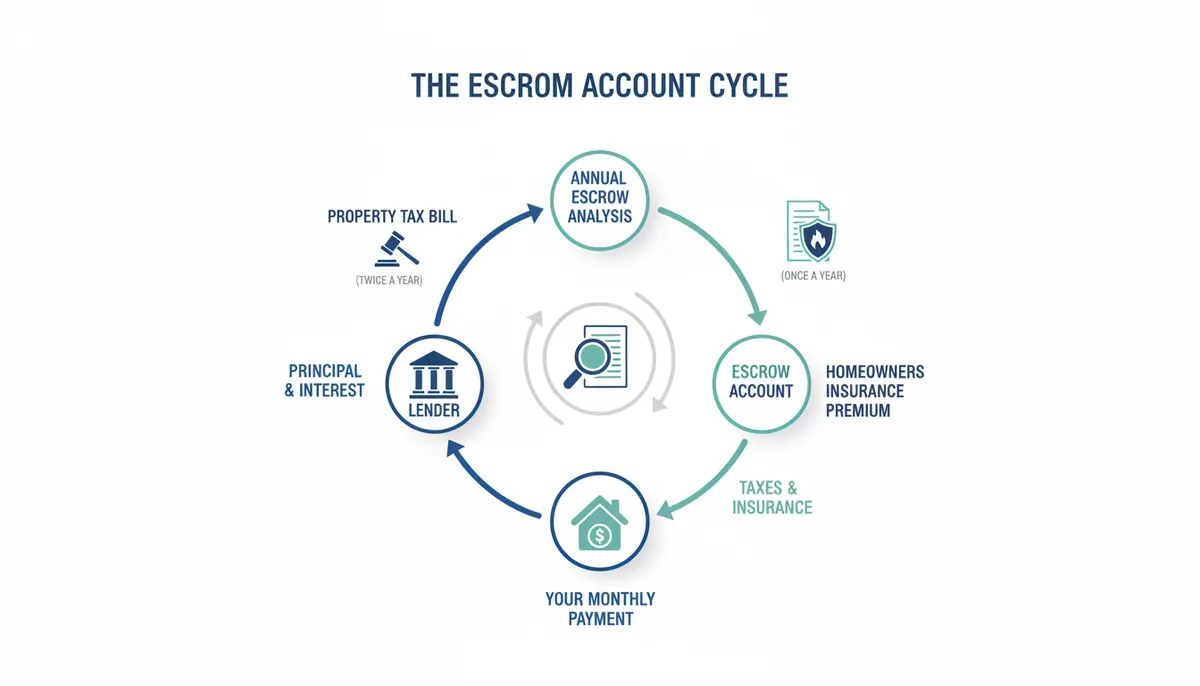 A circular flowchart illustrating the escrow account cycle. Your monthly payment splits into Principal & Interest (to Lender) and Taxes & Insurance (to Escrow Account). The Escrow Account pays Property Tax Bill and Homeowners Insurance Premium. An Annual Escrow Analysis then adjusts the next year's monthly amount, restarting the cycle.