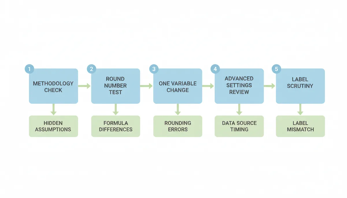 A flowchart illustrating a five-step diagnostic process for calculator discrepancies. Step 1: Methodology Check. Step 2: Round Number Test. Step 3: One Variable Change. Step 4: Advanced Settings Review. Step 5: Label Scrutiny. These steps lead to potential causes: Hidden Assumptions, Formula Differences, Rounding Errors, Label Mismatch, and Data Source Timing.
