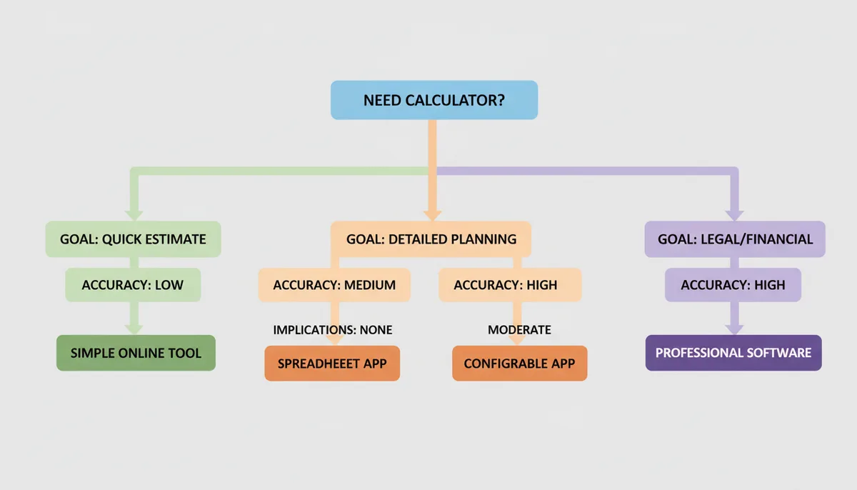 A decision tree illustrating how to choose a calculator. It branches from 'Need a Calculator?' into paths for 'Quick Estimate', 'Detailed Planning', and 'Legal/Financial', further refining choices based on accuracy and implications to recommend specific calculator types.