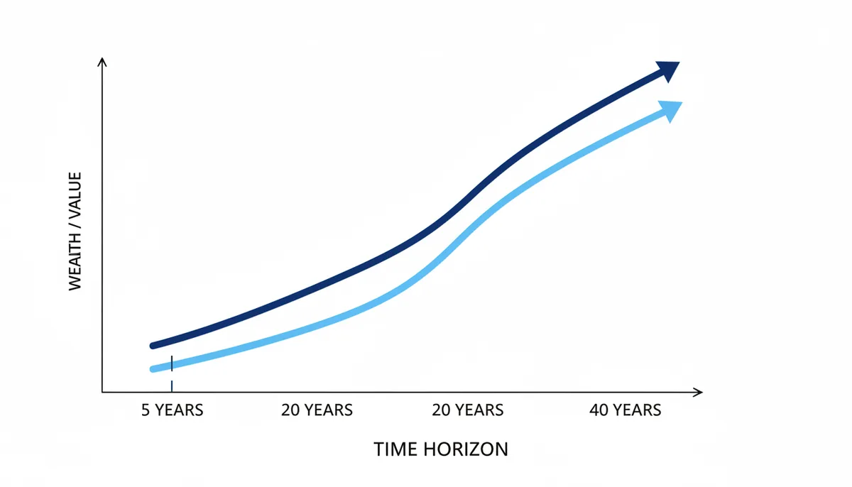 A conceptual graph showing two lines that start nearly identical on the left and diverge exponentially towards the right. The x-axis represents time, and the y-axis represents wealth. This illustrates how small initial differences in calculations grow significantly over time due to compounding.